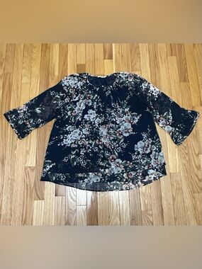 Chico's Navy Black Floral Chiffon Blouse